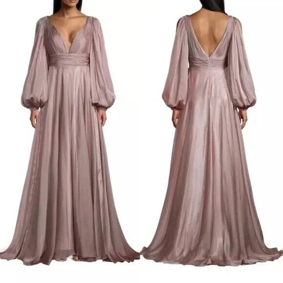 NWT Mac‎ Duggal 67414 Chiffon Split Sleeve Deep V-Neck A Line Gown Pink - Picture 1 of 7